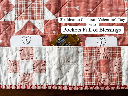 close up of a valentine's day pink table runner. text overlay says "21+ ideas to celebrate valentine's day with pockets full of blessings"