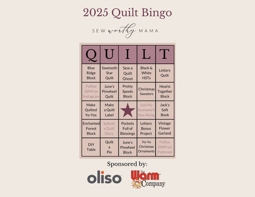 "2025 quilt bingo sew worthy mama sponsored by oliso and warm company" along with a quilt bingo card with a star in the center