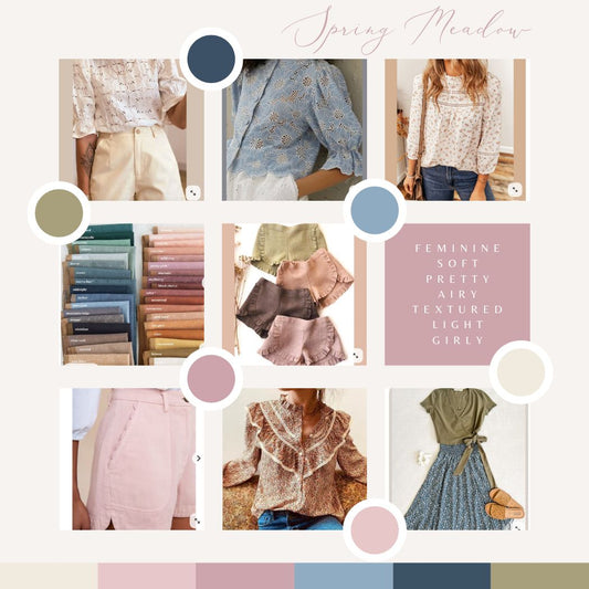 collage of images of handmade clothing with color dots representing a color pallete and the text overlay: "feminine soft pretty airy textured light girly"