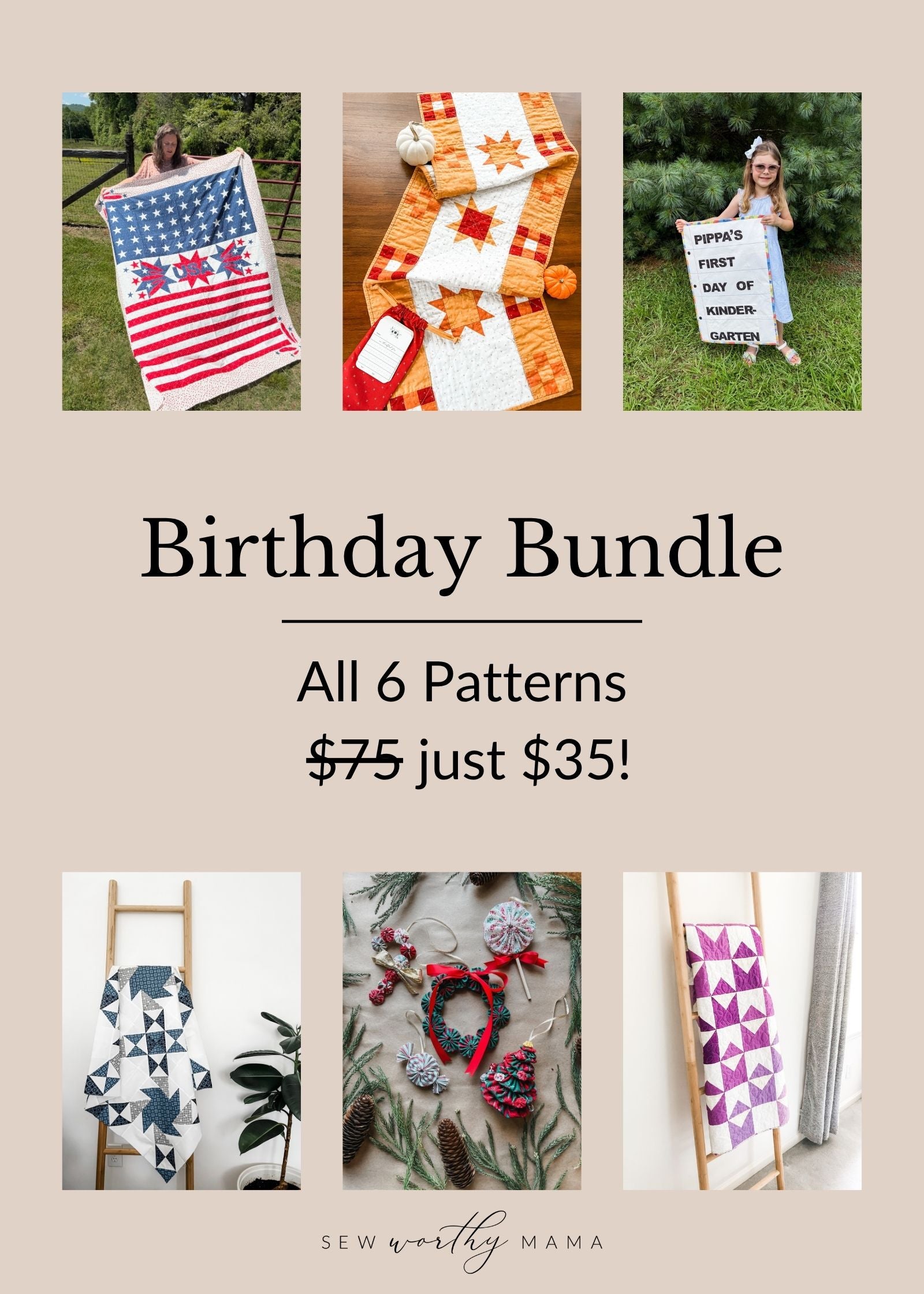 Birthday-themed fabric banner bundle with six pattern designs for hanging decoration