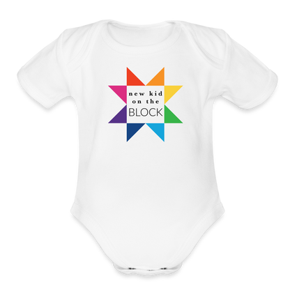 Rainbow New Kid on the Block | Organic Short Sleeve Baby Bodysuit - white