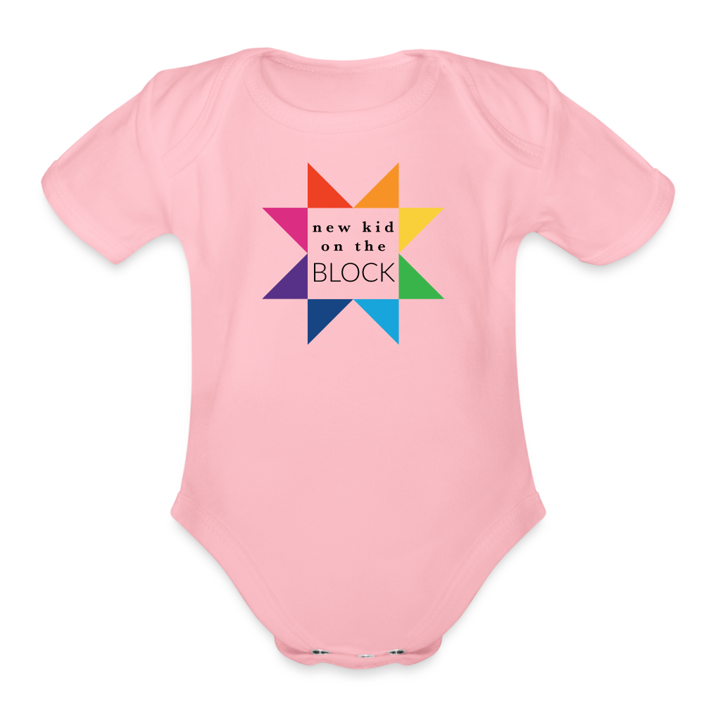 Rainbow New Kid on the Block | Organic Short Sleeve Baby Bodysuit - light pink