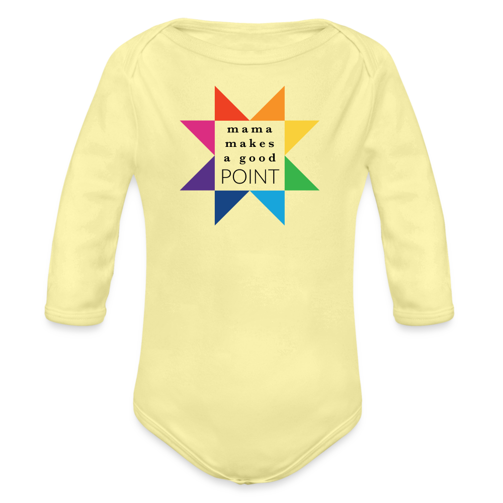 Organic Long Sleeve Baby Onesie | Rainbow Mama Makes a Good Point - washed yellow