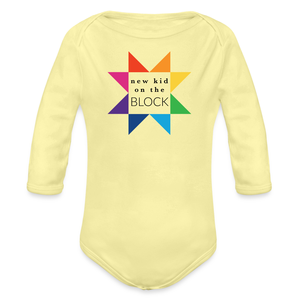 Organic Long Sleeve Baby Onesie | Rainbow New Kid on the Block - washed yellow