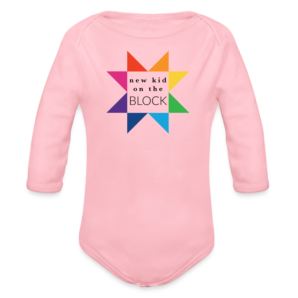 Organic Long Sleeve Baby Onesie | Rainbow New Kid on the Block - light pink