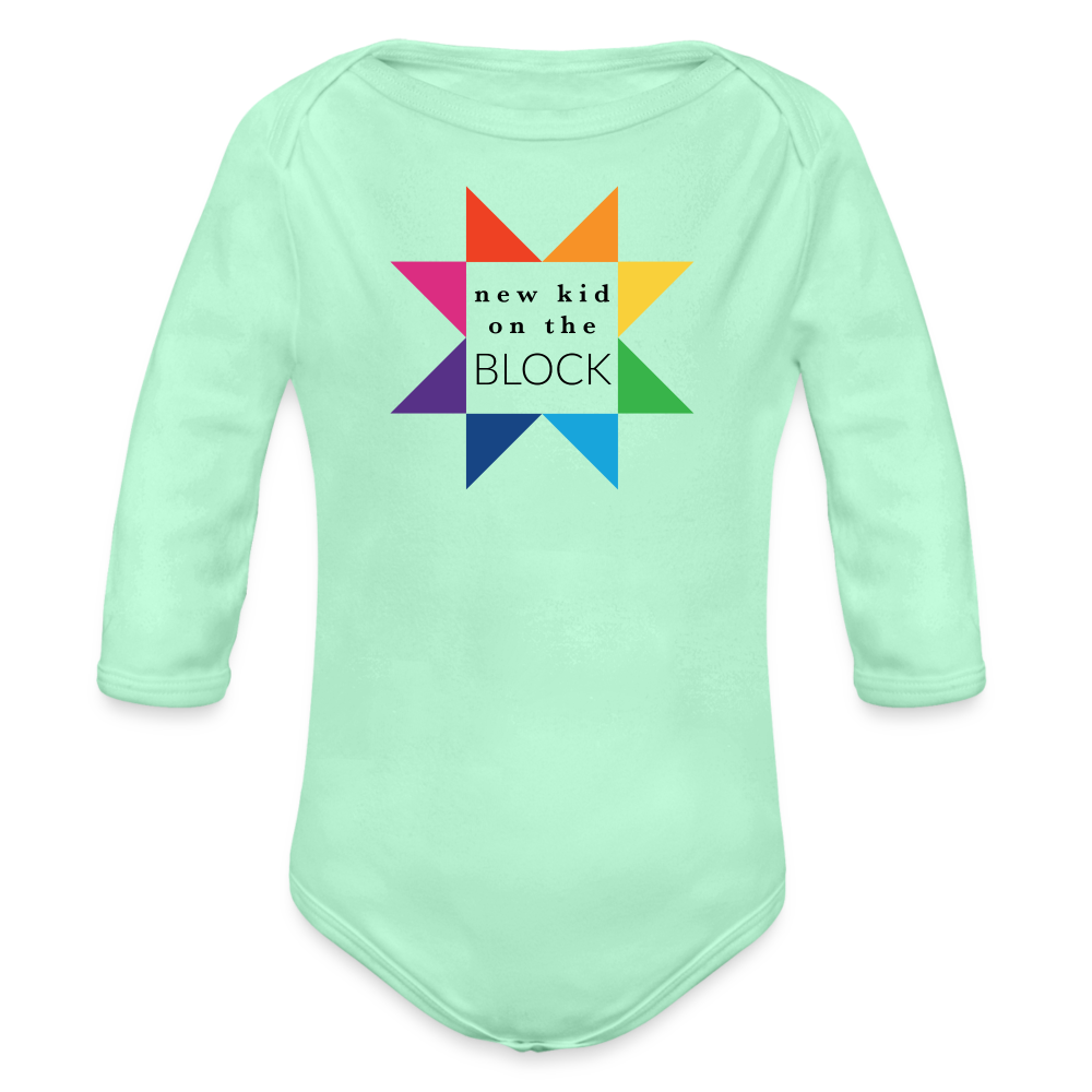 Organic Long Sleeve Baby Onesie | Rainbow New Kid on the Block - light mint